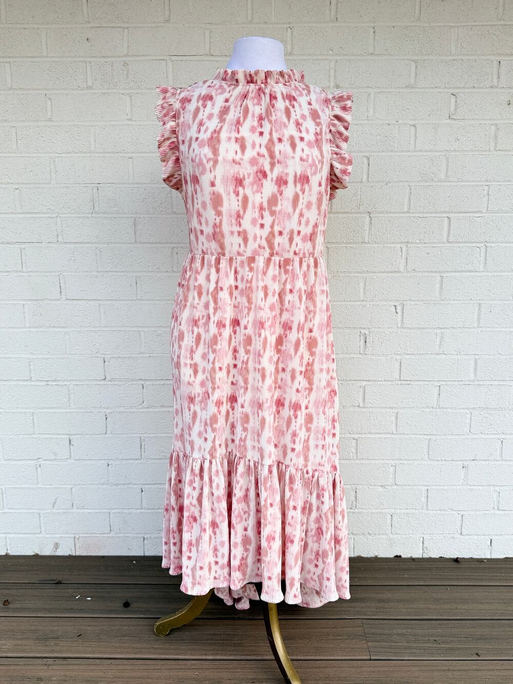Karlie Blush Animal Print Tiered Ruffle Maxi Dress Flutter Sleeve Size L